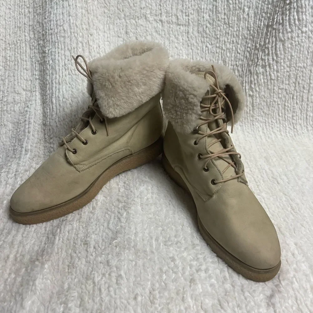 Vic Matié leather nubuck Khaki lace up Boots Shearling-Lined EUR SZ38